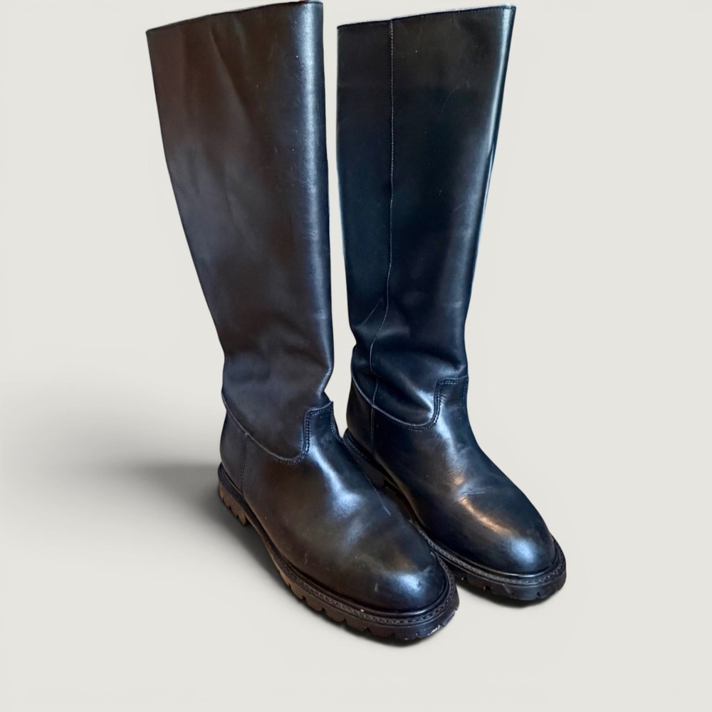 Lands End 7 Black Leather Tall Riding Boots Lug Sole Plaid Lined Canada Womens